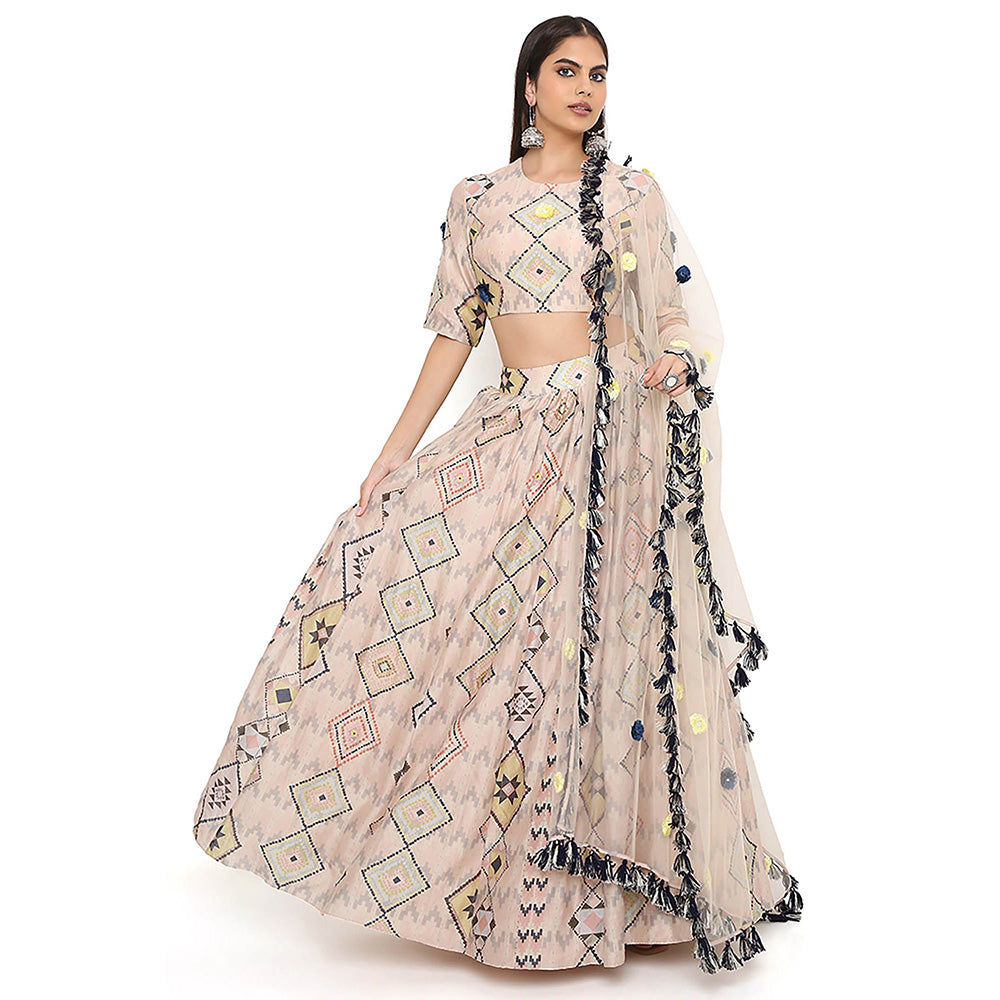 Payal Singhal Beige Print Embroidered Blouse with Lehenga and Dupatta (Set of 3)
