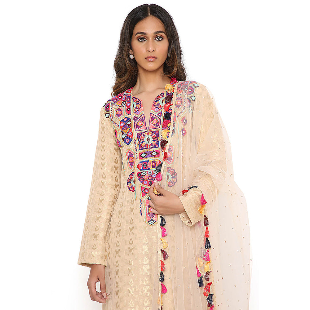 Payal Singhal Beige Embroidered Kurta and Palazzo with Dupatta (Set of 3)