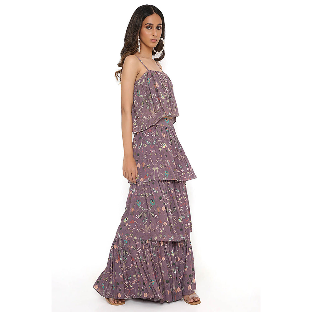 Payal Singhal Purple Print Top with Layered Sharara (Set of 2)