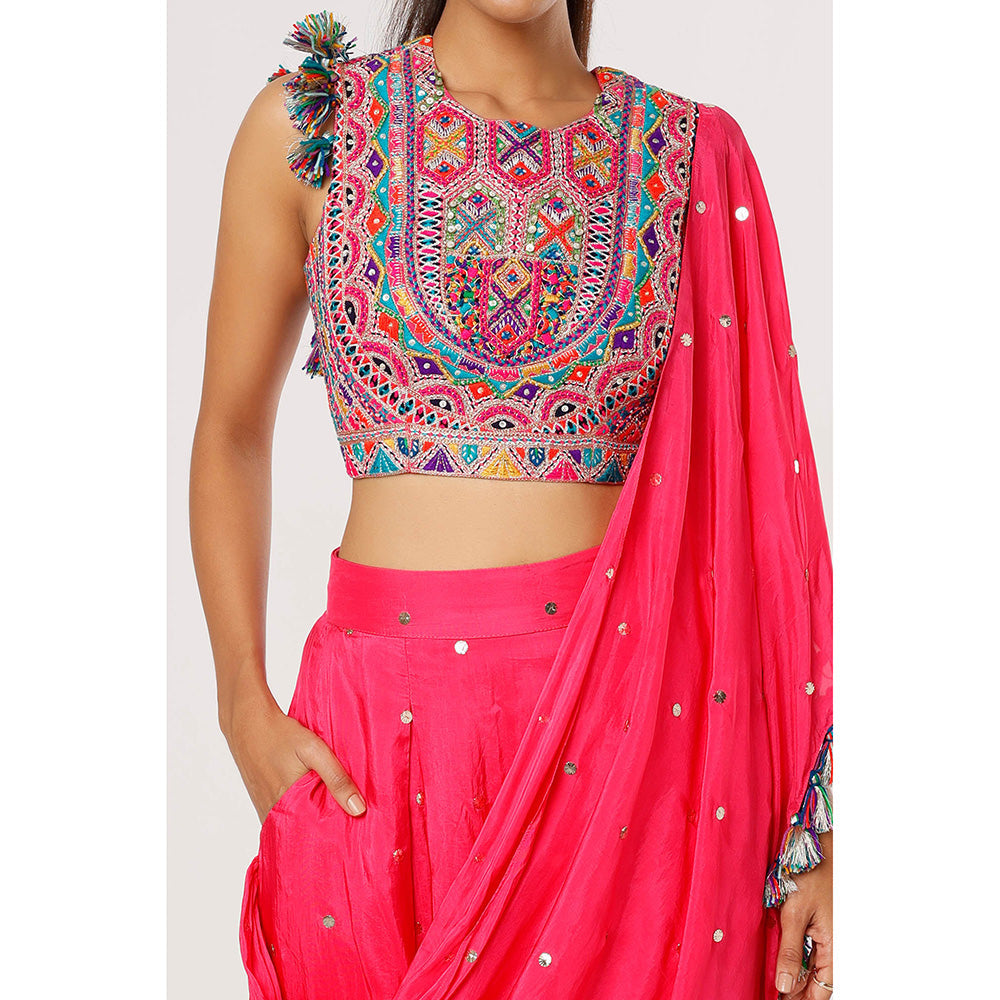 Payal Singhal Pink Embroidered Crop Top with Dhoti with Attached Drape (Set of 2)