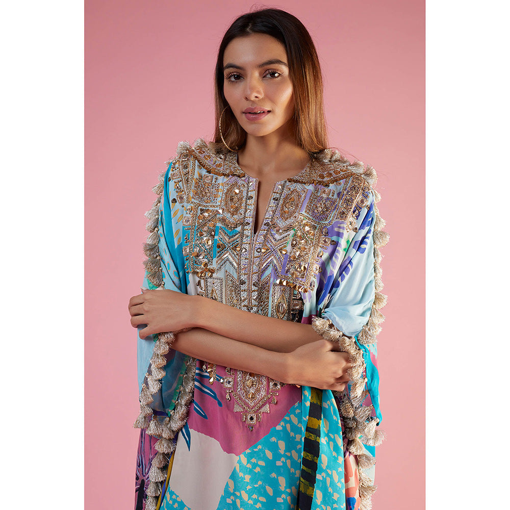 Payal Singhal Aqua Print Embroidered Kaftan and Palazzo (Set of 2)