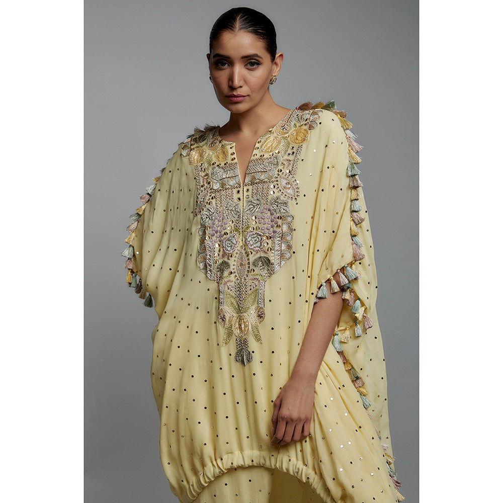 Payal Singhal Yellow Embroidered High Low Kaftan Kurta with Jogger Pant (Set of 2)