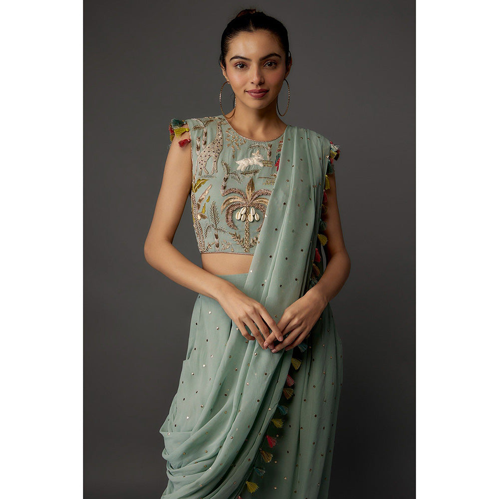 Payal Singhal Powder Green Embroidered Choli and Low Crotch with Attached Drape (Set of 2)