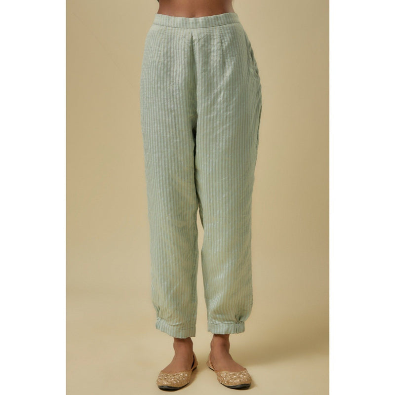 Payal Singhal Pale Blue Gold Stripes Chanderi Embroidered Yoke Kurta With Pant & Dupatta