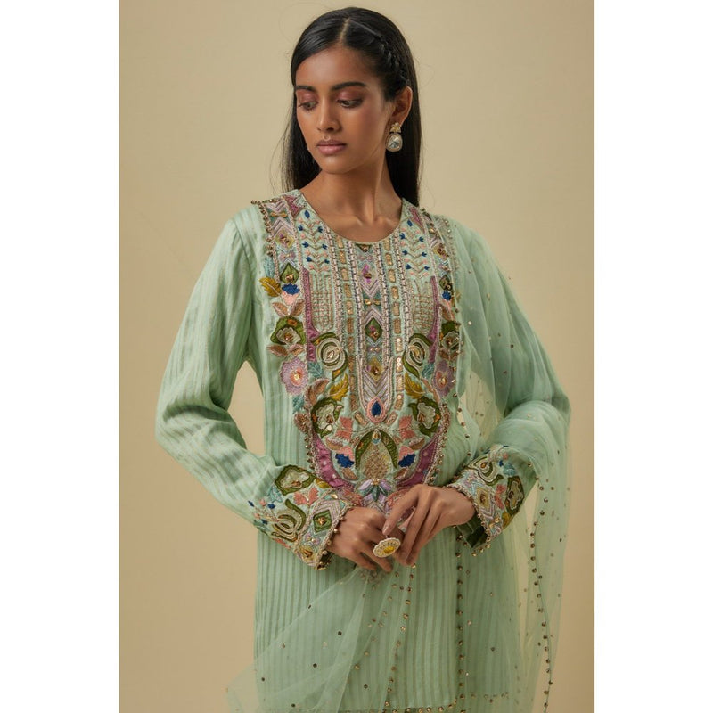 Payal Singhal Mint Chanderi Stripe Embroidered Yoke Kurta With Pant & Dupatta