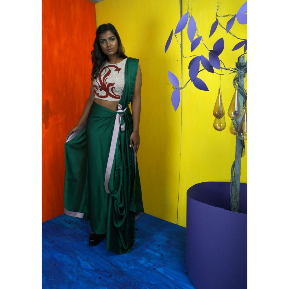 Payal Dawar Green Traditional Twists Pre Draped Saree with Stitched Blouse