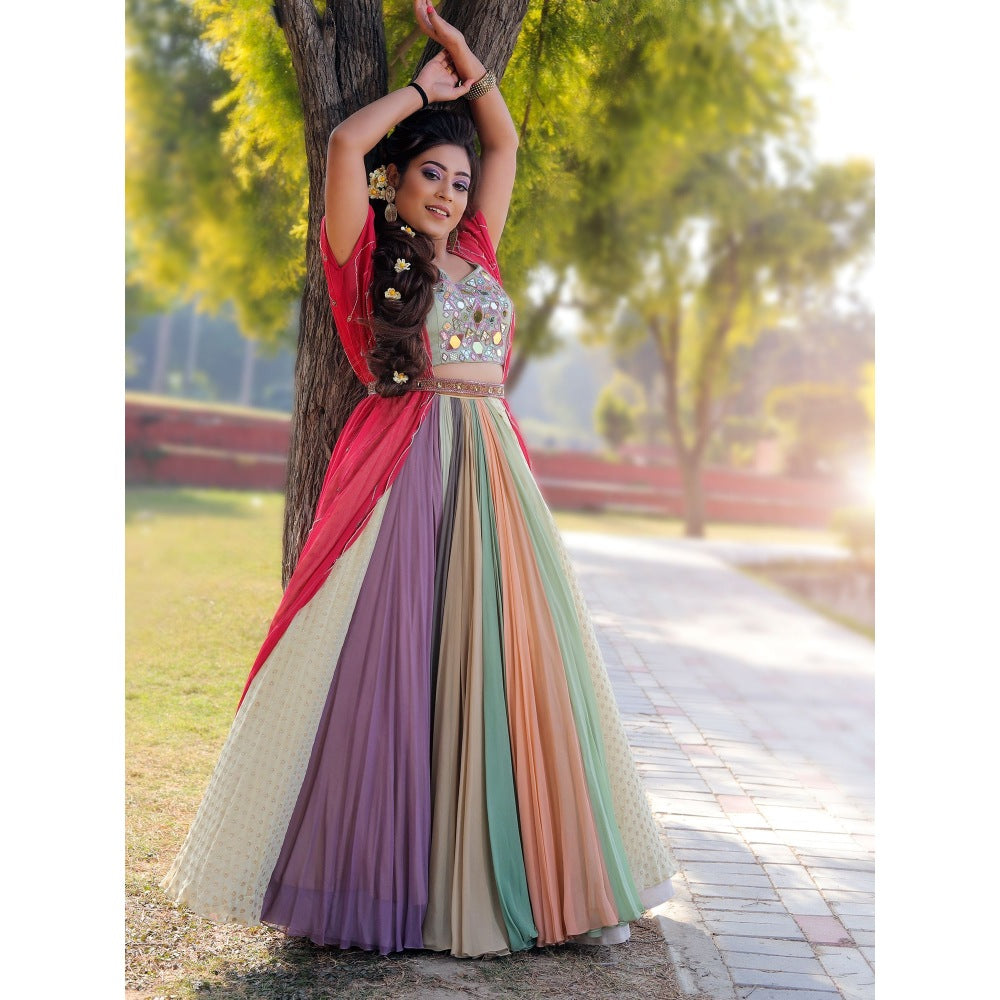Payal Dawar Blue Panelled Classic Lehenga with Blouse and Cape and Belt (Set of 4)