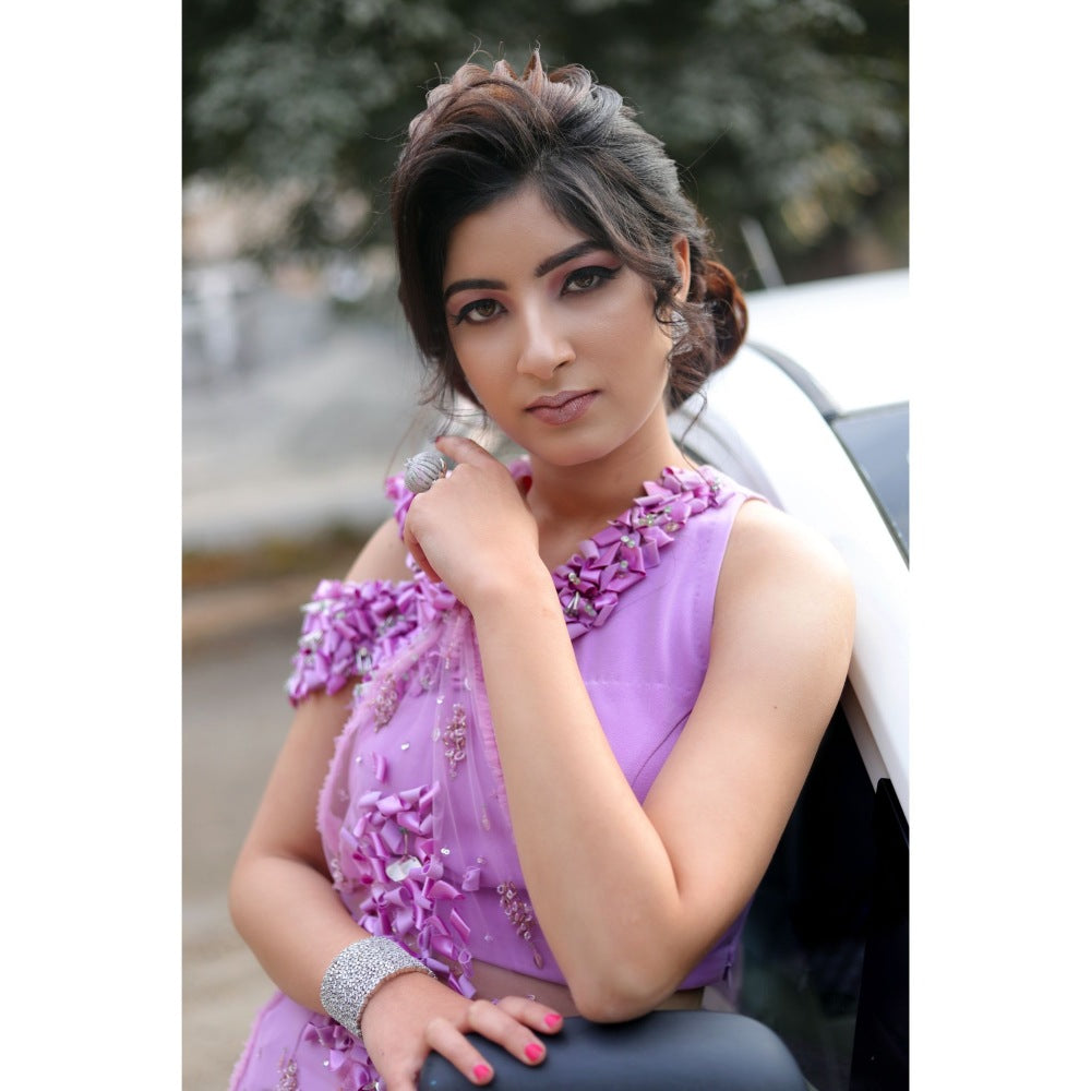 Payal Dawar Mauve Contemporary Crop Top with Attached Draped and Pant (Set of 2)