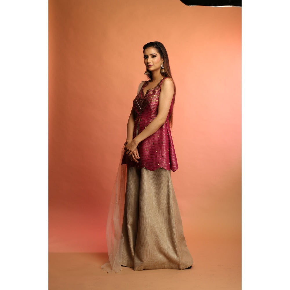 Payal Dawar Wine Fusion Banarasi Short Kurta with Palazzo and Dupatta (Set of 3)