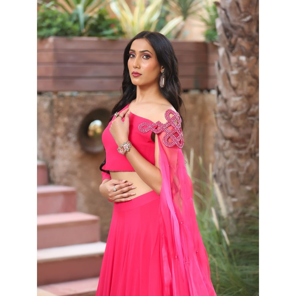Payal Dawar Pink Nazakat Drape Attached Crop Top with Skirt (Set of 2)