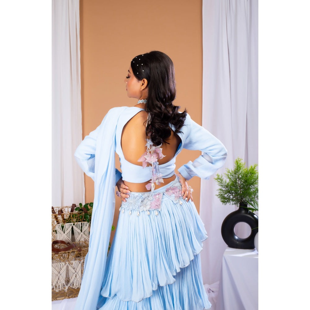 Payal Dawar Blue Serene Frilled Top with Skirt and Belt (Set of 3)