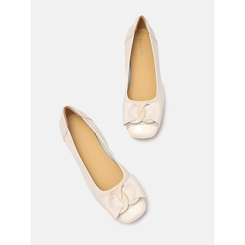 PAZZION Women's Beige Jan Buckle Bow Square Toe Ballerina