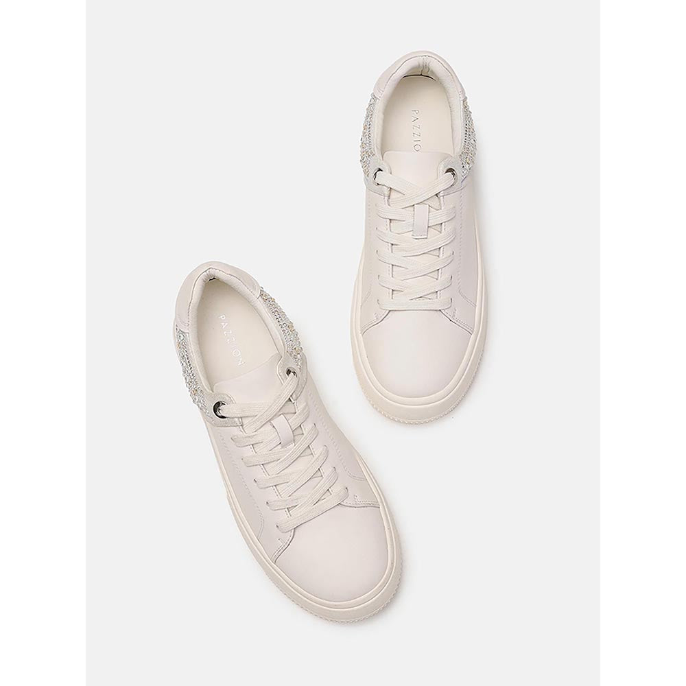 PAZZION Women Beige Arco Crystal Embellished Chunky Lace-Up Sneakers