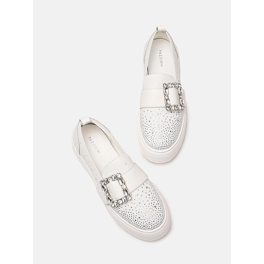 PAZZION Women White Callie Crystal Stretch-Knit Platform Sneakers