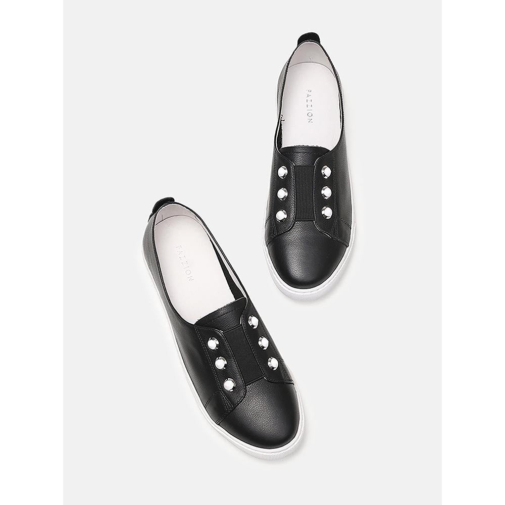 PAZZION Women Black Studded Silver Accent Leather Slip-On Sneakers