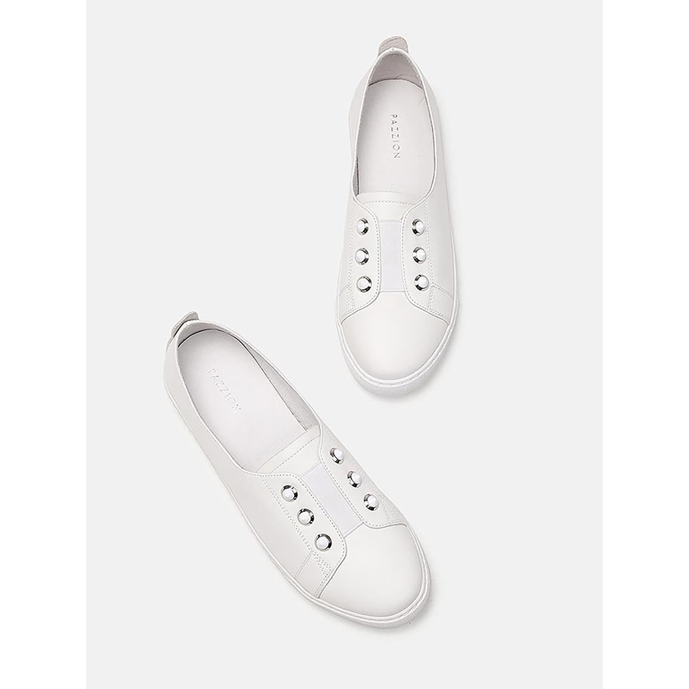 PAZZION Women White Studded Silver Accent Leather Slip-On Sneakers