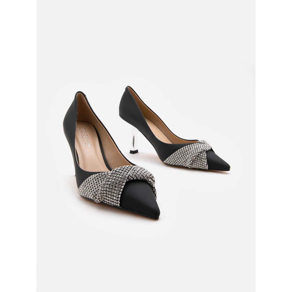 PAZZION Women Black Crystal Twist Embellished Cross Strap Pump Heels