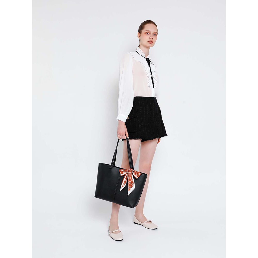 PAZZION Women's Tote Bag with Scarf- Black