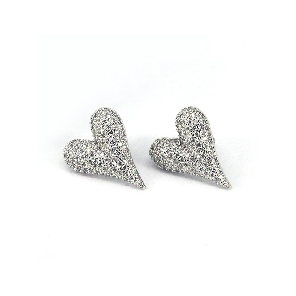 Peachy Accessories Silver Plated Heart White Stone Stud Earrings