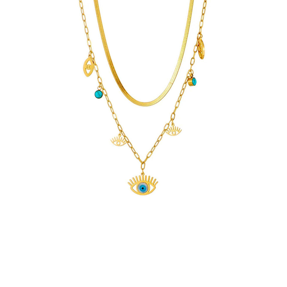 Peachy Accessories Evil Eye Layered Snake Chain Necklace - 18K Gold Plated For Women