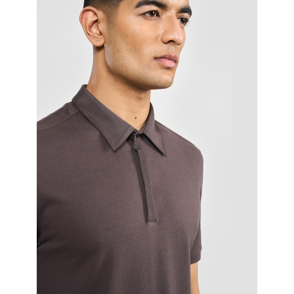 Perona Brown Ethan Pure Cotton Collar Neck Solid/Plain Polo T-Shirt