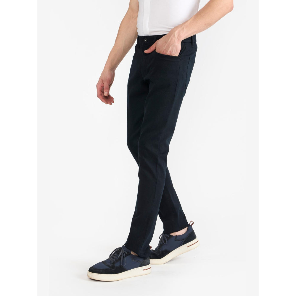 Perona Hakimi Navy Blue Solid Mid Waist Pant