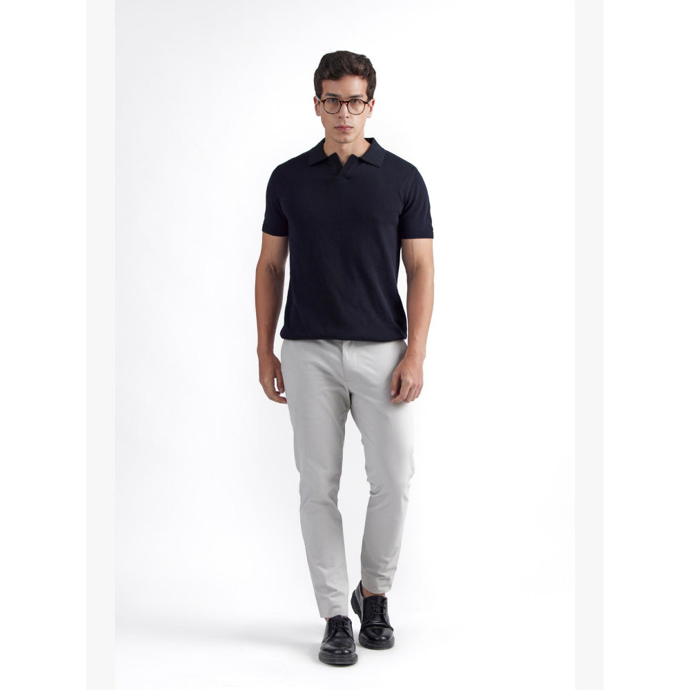 Perona Black Jaque Silk Blend Collar Neck Solid/Plain Polo T-Shirt