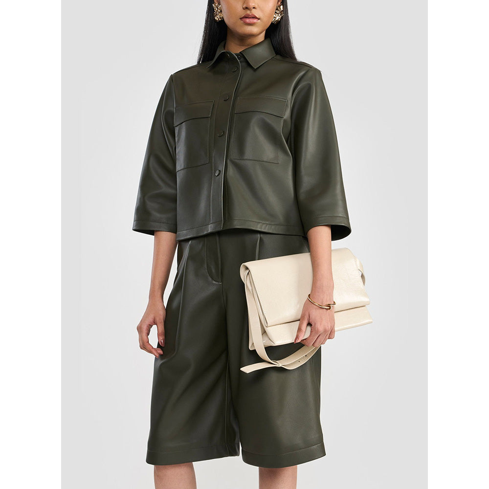 Perona Samantha Olive Leather Three Fourth Sleeves Shirt