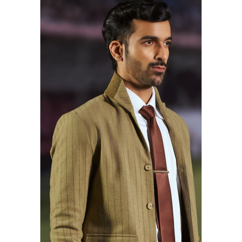 Philocaly Men Olive High Neck Stripes Shacket