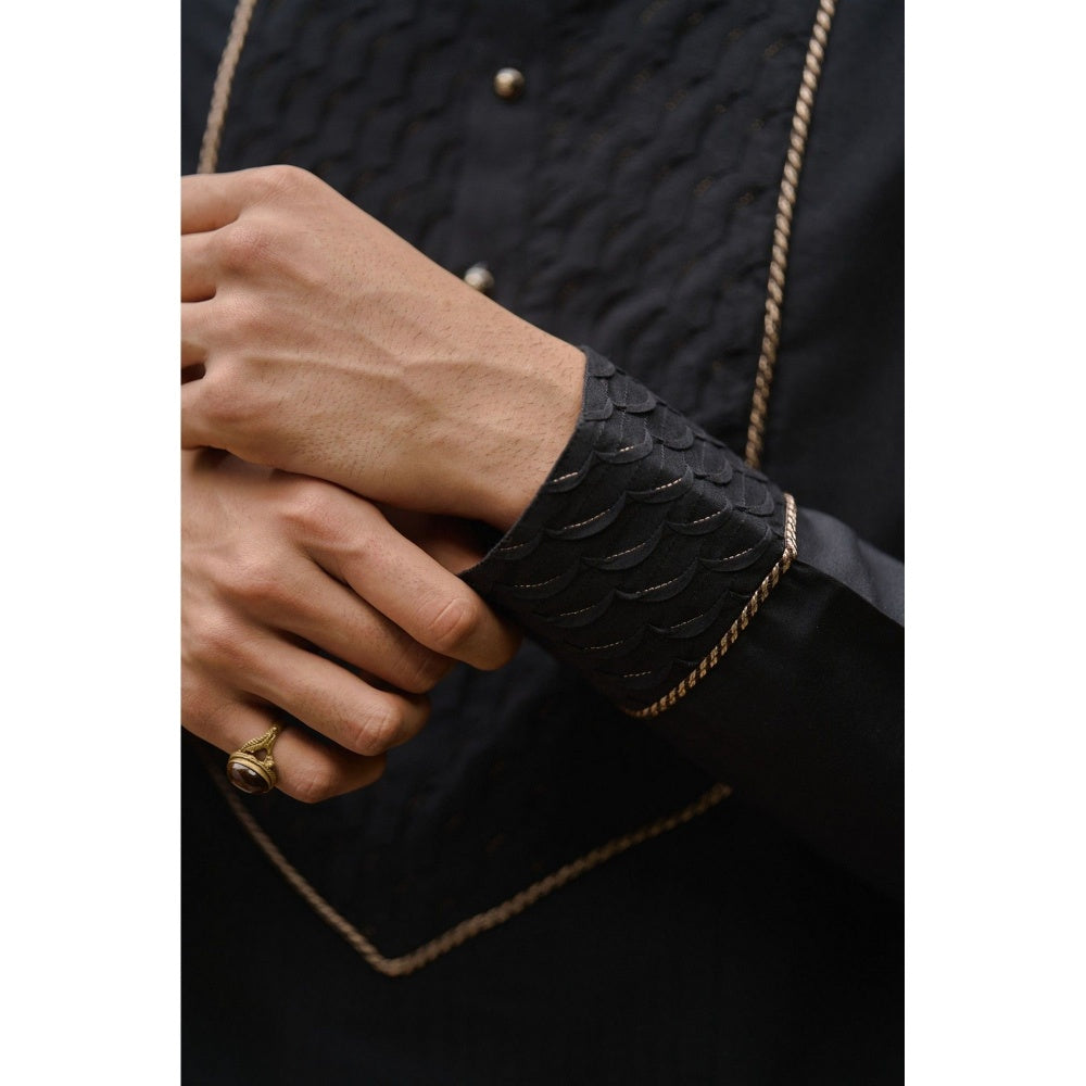 Philocaly Men Aurum Black Silk Blend Mandarin Neck Lace Work Kurta