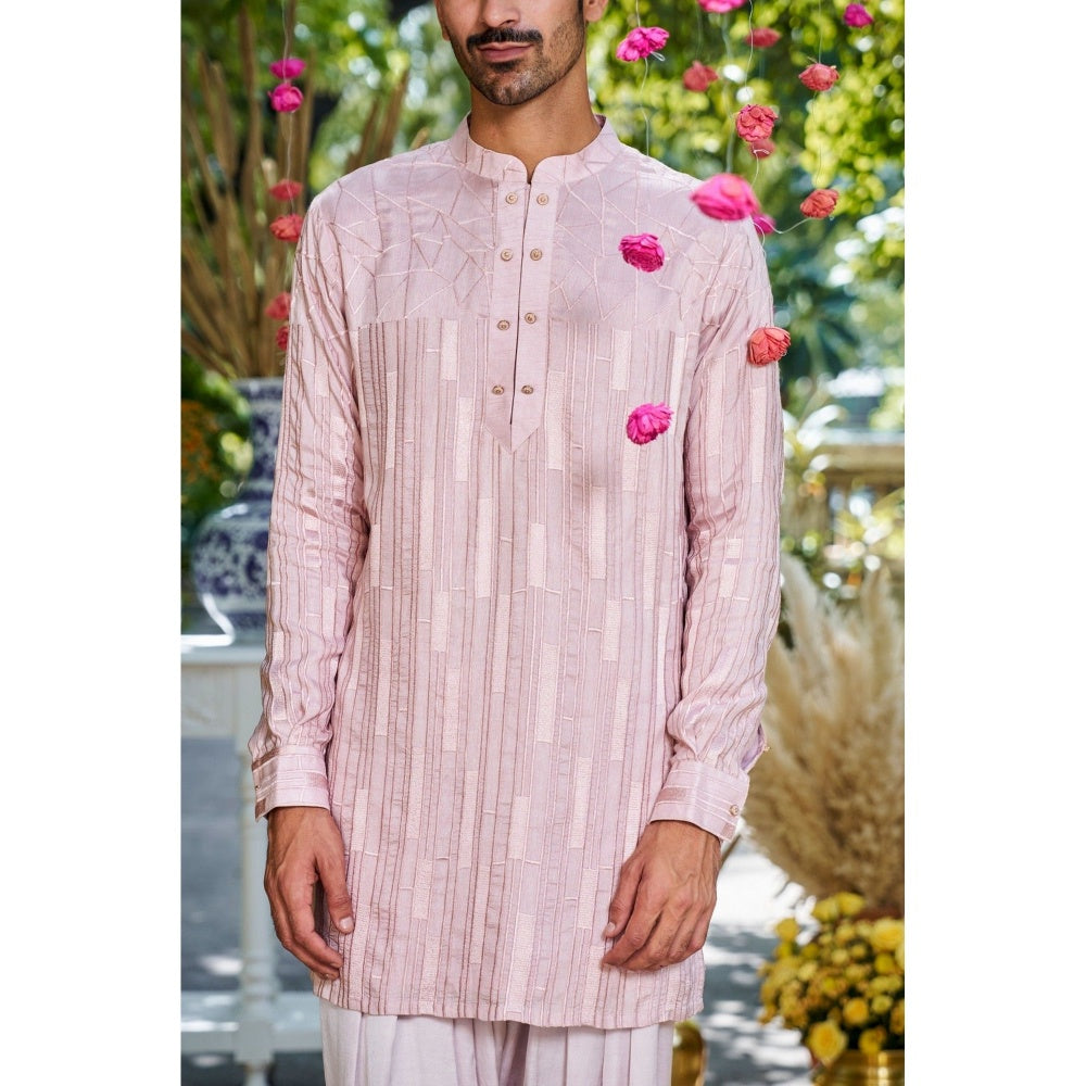 Philocaly Men Manzar Pink Silk Blend Mandarin Neck Embroidered Kurta