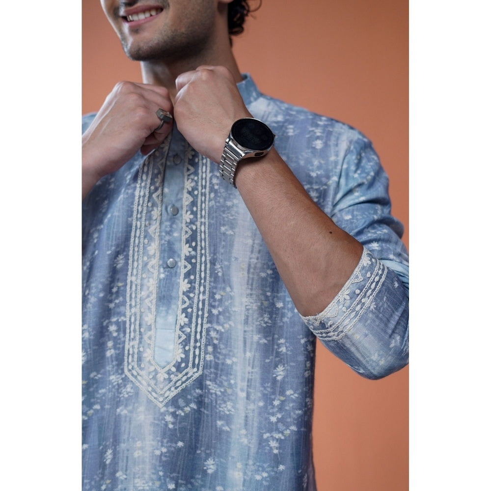 Philocaly Men Jalsa Blue Cotton Blend Mandarin Neck Thread Work Kurta