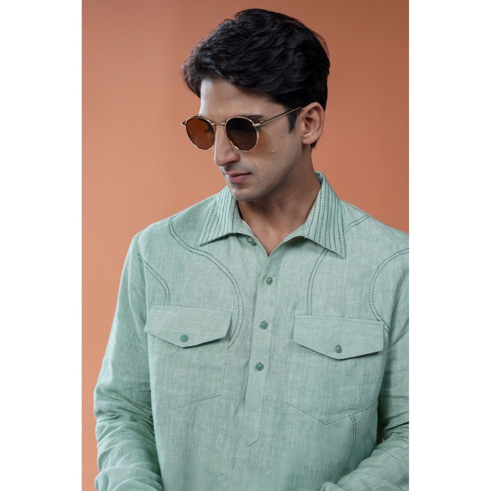 Philocaly Men Samudra Green Linen Collar Neck Thread Work Kurta