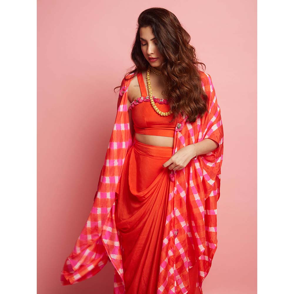 PINK CITY BY SARIKA Leheriya Cape with Draped Skirt (Set of 3)