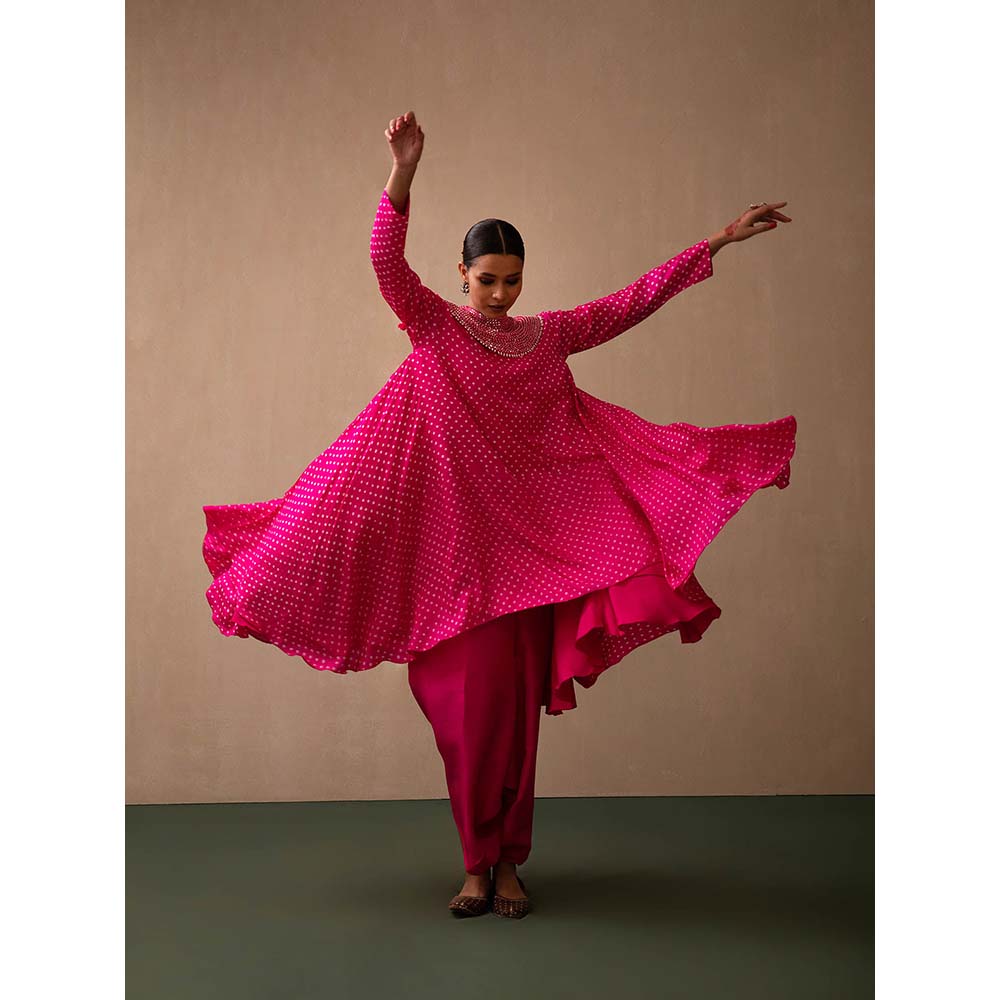 PINK CITY BY SARIKA Bandhni Kurta with Dhoti Mirror and Pearl Collar (Set of 2)