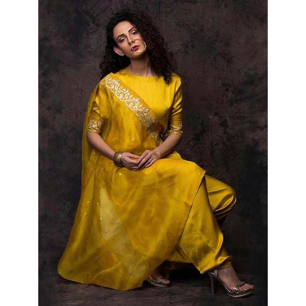 PINK CITY BY SARIKA Yellow Short Top With Dhoti And Drape Dupatta (Set of 3)