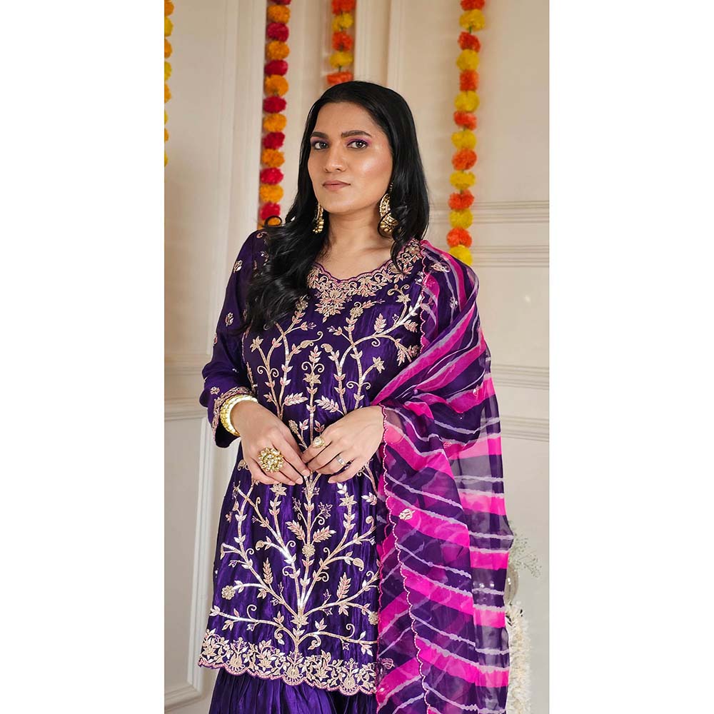 PINK CITY BY SARIKA Purple Short Kurta With Sharara And Dupatta (Set of 3)
