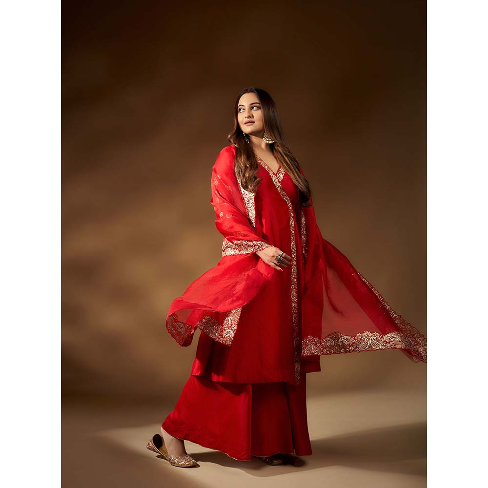 PINK CITY BY SARIKA Women's Kairi Angrakha Kurta with Sharara and Dupatta Potli (Set of 4)