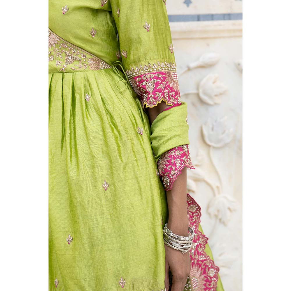 PINK CITY BY SARIKA Green Suraj Mukhi Angrakha with Sharara and Dupatta (Set of 3)