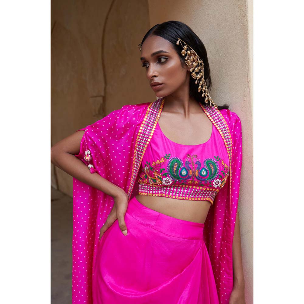 PINK CITY BY SARIKA Pink Boho Peacock Cape with Blouse and Skirt (Set of 3)