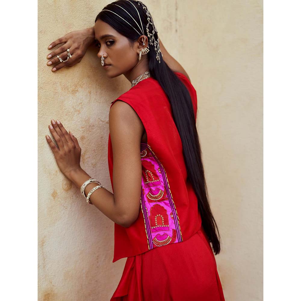 PINK CITY BY SARIKA Red Bustier with Skirt and Jacket (Set of 3)