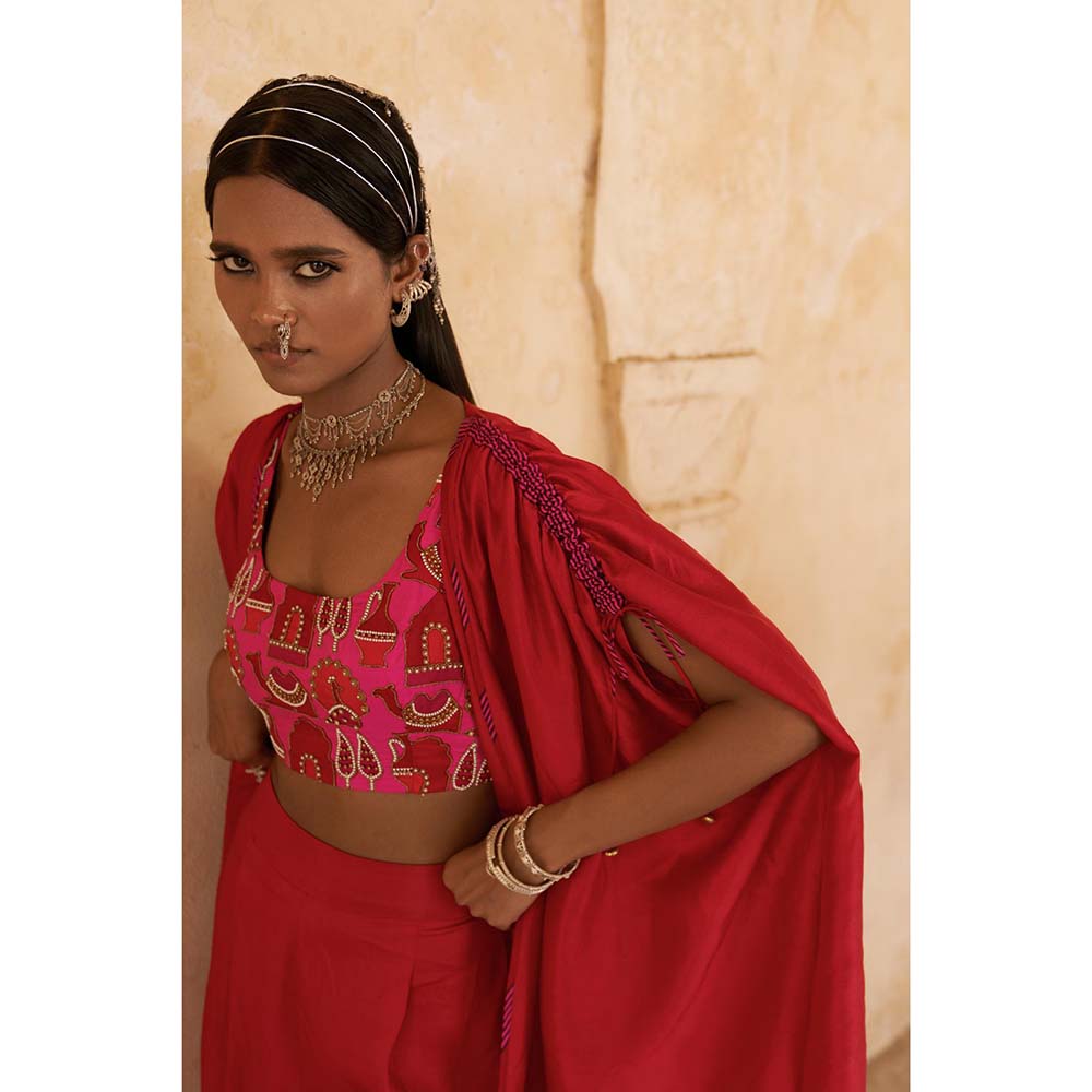 PINK CITY BY SARIKA Red All Things Pink City Cape with Bustier and Pant (Set of 3)