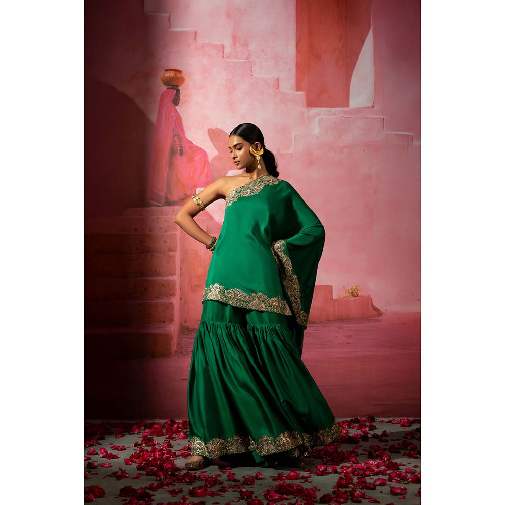 PINK CITY BY SARIKA Green Kairi Off Shoulder Kurta and Sharara (Set of 2)