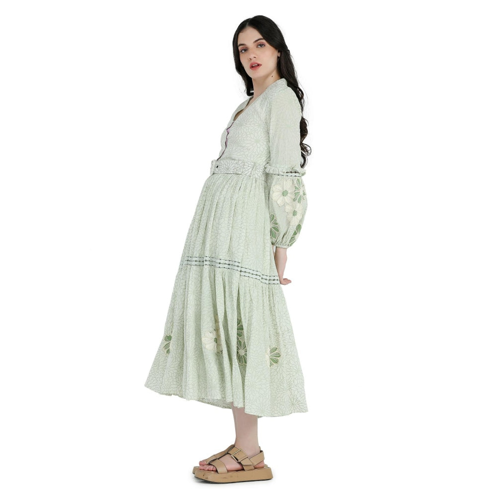 Pinnacle By Shruti Sancheti Mint Green Printed and Embroidered Dress with Belt (Set of 2)