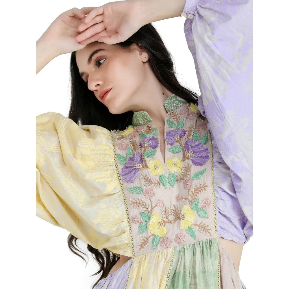 Pinnacle By Shruti Sancheti Colorblock Mul Floral Printed and Embroidered Maxi Dress