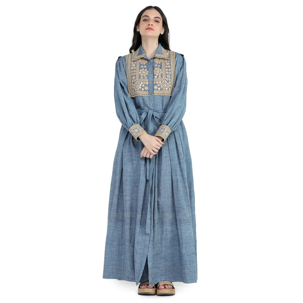 Pinnacle By Shruti Sancheti Blue Khadi Embroidered Shirt Maxi Dress with Sash Belt (Set of 2)