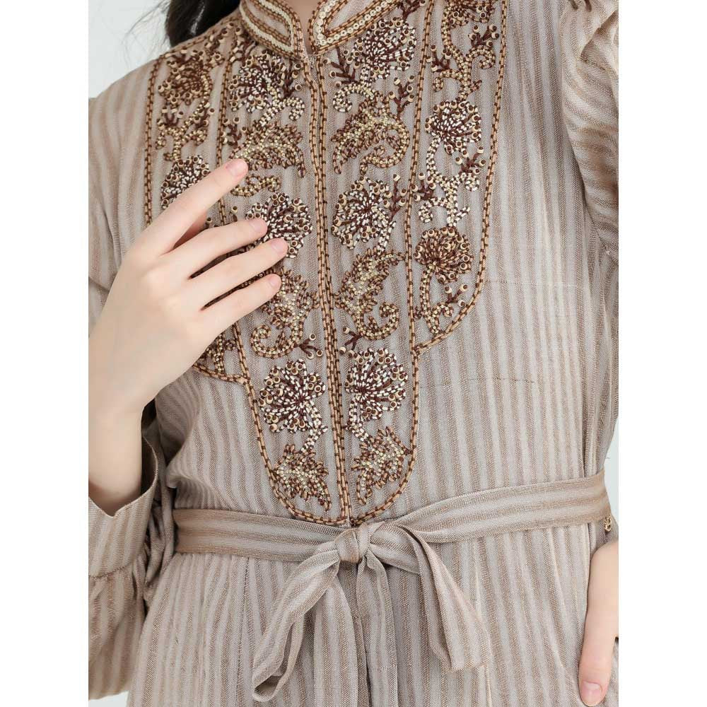 Pinnacle By Shruti Sancheti Beige Khadi Embroidered Shirt Dress with Sash Belt (Set of 2)