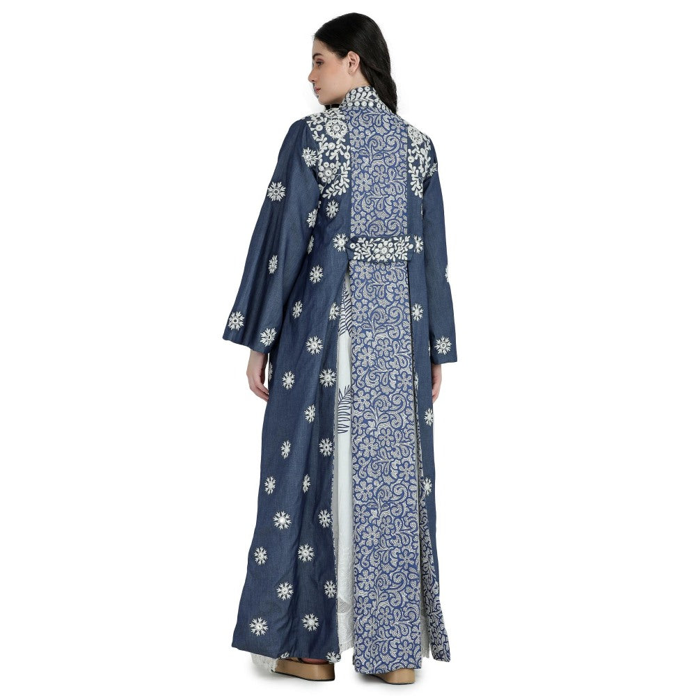 Pinnacle By Shruti Sancheti Blue Chambray Embroidered and Printed Long Jacket