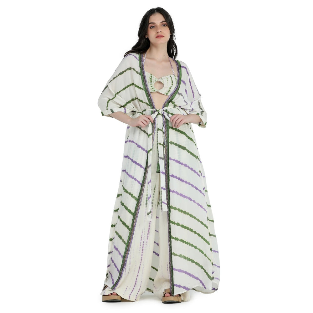 Pinnacle By Shruti Sancheti Bone Crepe Tie and Dye Kimono Throw with Bustier and Pant