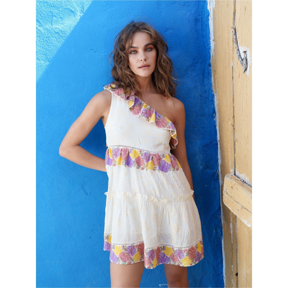 Pinnacle By Shruti Sancheti White Mul One Shoulder Cross Stitch Embroidered Short Dress